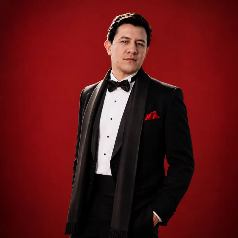 Imitador de José José con smoking de gala y bufanda — look de concierto